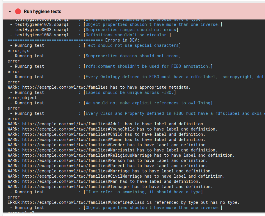 An example hygiene test log with warnings and failures.